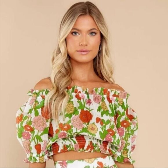 Olivia James The Label Floral Crop Off The Shoulder Top - Picture 1 of 8